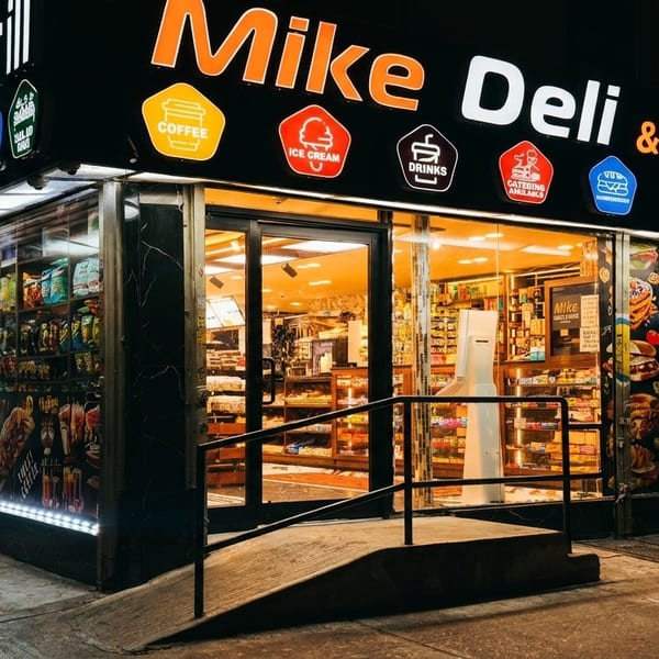 Exterior night view of Mike Deli & Grill, a brightly lit convenience store with a prominent sign.