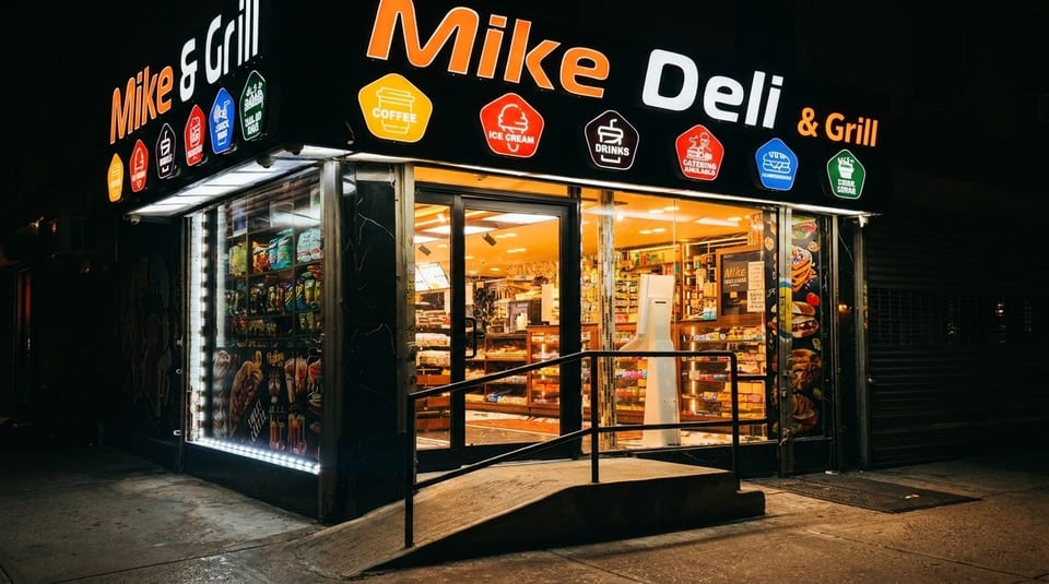 Exterior night view of Mike Deli & Grill, a brightly lit convenience store with a prominent sign.