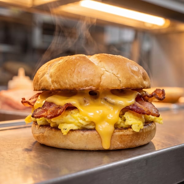 Steaming breakfast sandwich with scrambled eggs, melted cheese, and bacon on a bun.