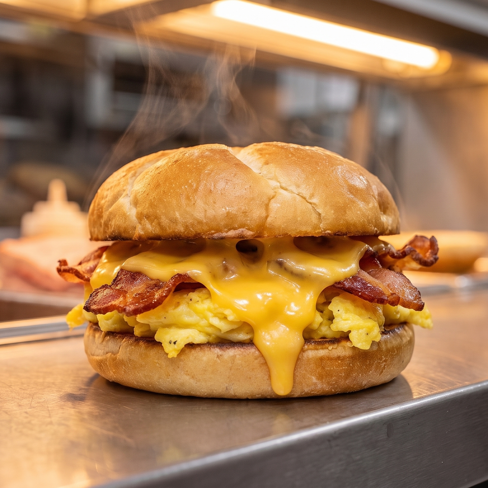 Steaming breakfast sandwich with scrambled eggs, melted cheese, and bacon on a bun.