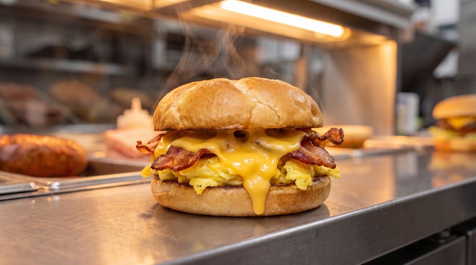 Steaming breakfast sandwich with scrambled eggs, melted cheese, and bacon on a bun.