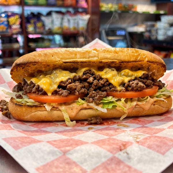 A steaming cheesesteak sandwich with ground beef, melted cheese, lettuce, and tomato on a hoagie roll.