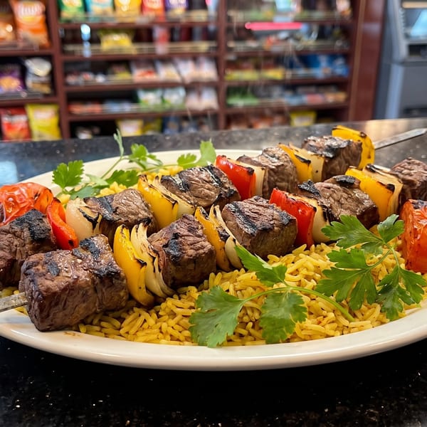 Two beef and vegetable shish kebabs on a bed of yellow rice, garnished with parsley.