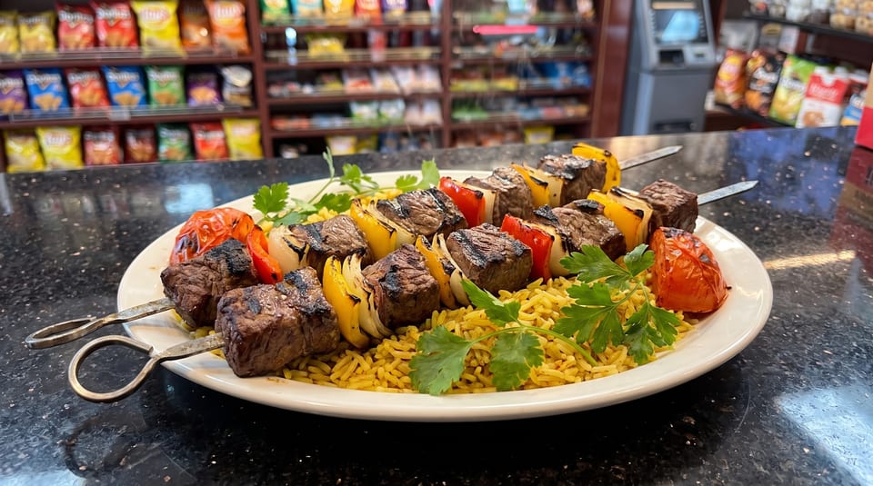 Two beef and vegetable shish kebabs on a bed of yellow rice, garnished with parsley.