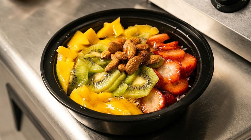 Colorful fruit bowl with mango, kiwi, strawberries, and almonds on a metal counter.