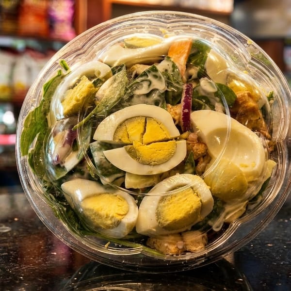 A close-up of a plastic container filled with a salad topped with sliced hard-boiled eggs.