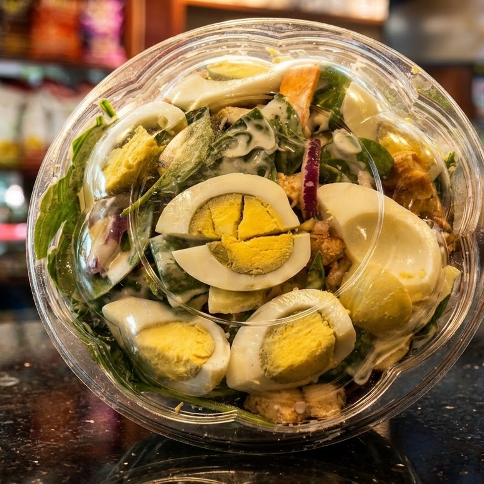 A close-up of a plastic container filled with a salad topped with sliced hard-boiled eggs.
