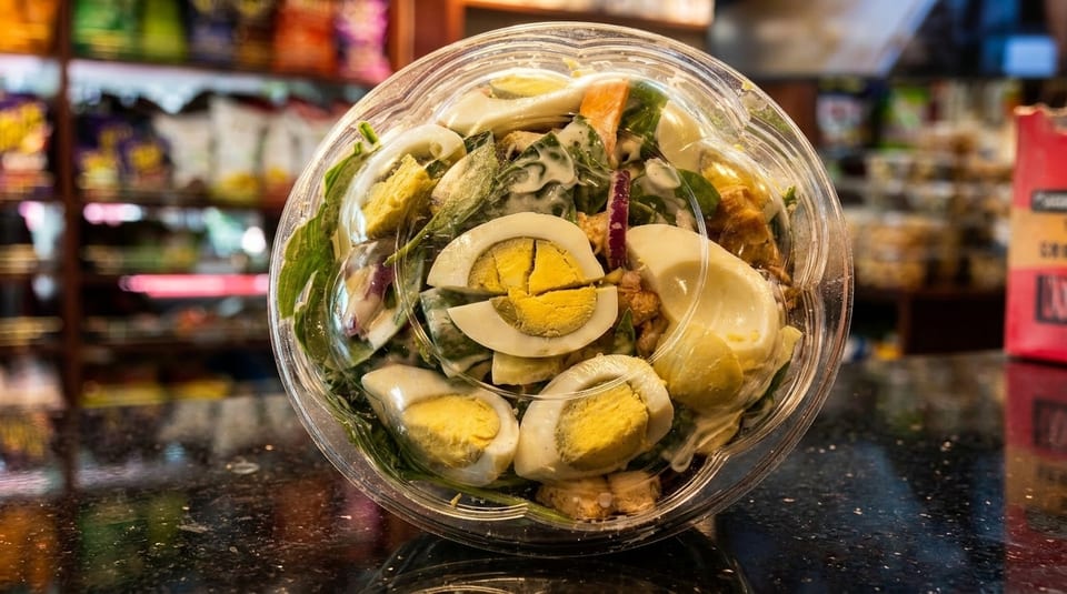 A close-up of a plastic container filled with a salad topped with sliced hard-boiled eggs.