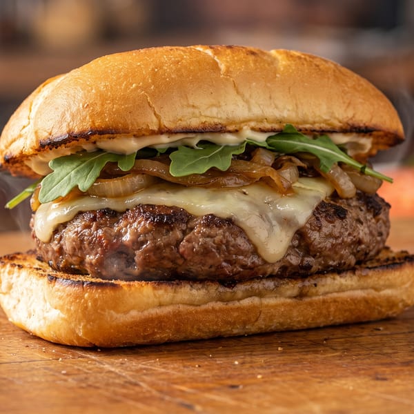 Steaming hot burger with melted cheese, caramelized onions, and arugula on a toasted bun.
