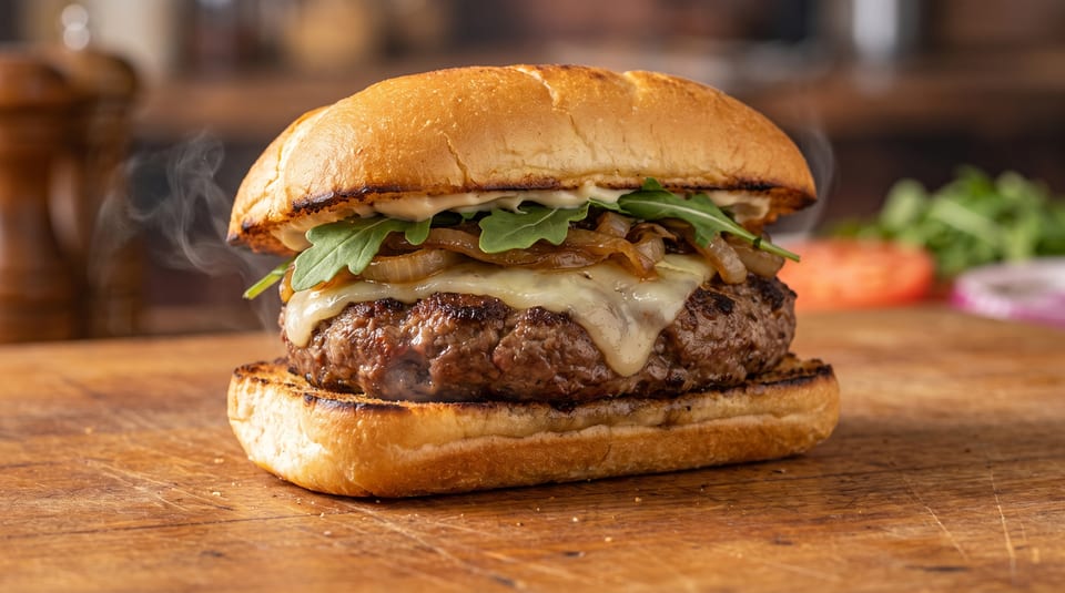 Steaming hot burger with melted cheese, caramelized onions, and arugula on a toasted bun.