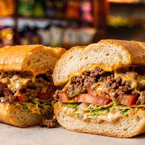Two halves of a loaded cheesesteak sandwich with ground beef, melted cheese, lettuce, and tomatoes.