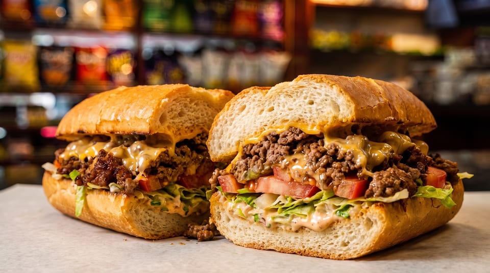 Two halves of a loaded cheesesteak sandwich with ground beef, melted cheese, lettuce, and tomatoes.