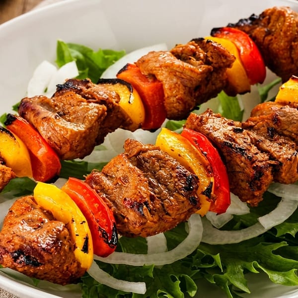 Two grilled meat and bell pepper skewers on a bed of lettuce and onion rings.