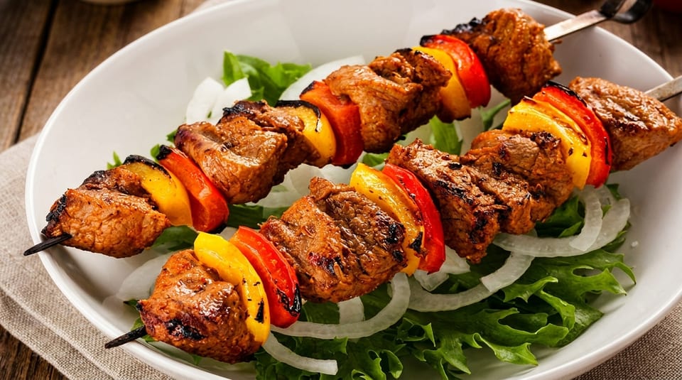Two grilled meat and bell pepper skewers on a bed of lettuce and onion rings.