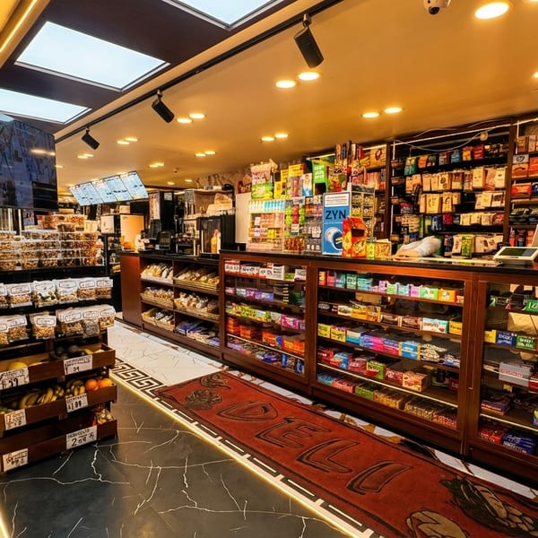 Interior view of Mike Deli & Grill, a well-stocked convenience store with snacks, drinks, and a deli counter.
