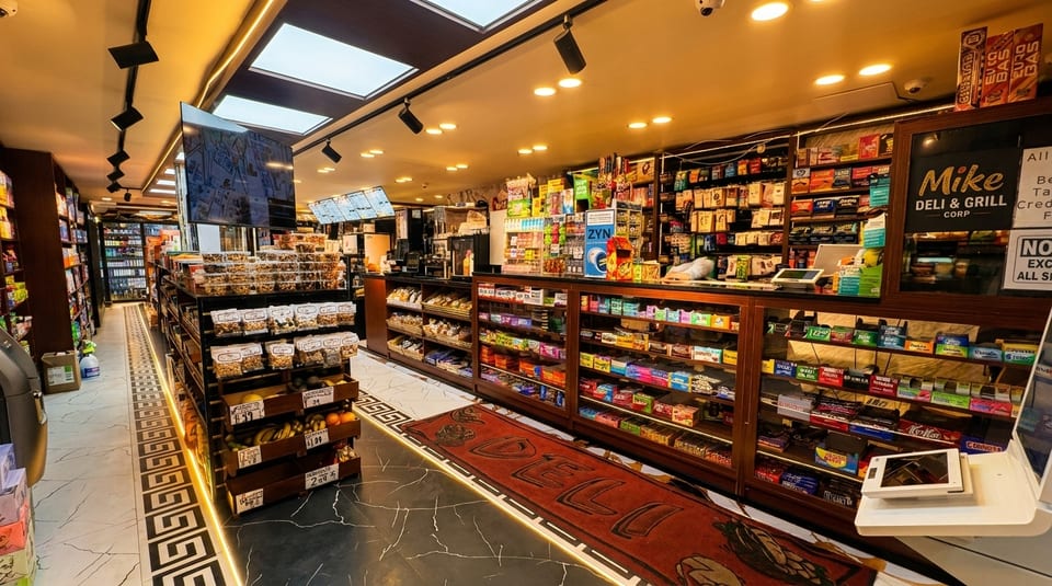 Interior of Mike Deli & Grill, a brightly lit convenience store with shelves of snacks and a deli counter.
