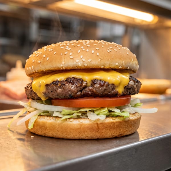 Steaming cheeseburger with melted cheese, lettuce, tomato, and onion on a sesame seed bun.