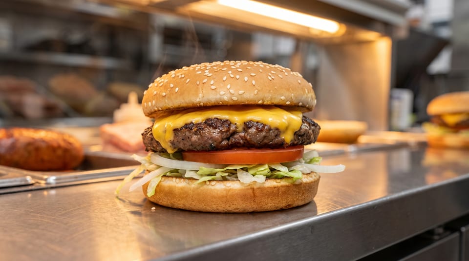 Steaming cheeseburger with melted cheese, lettuce, tomato, and onion on a sesame seed bun.